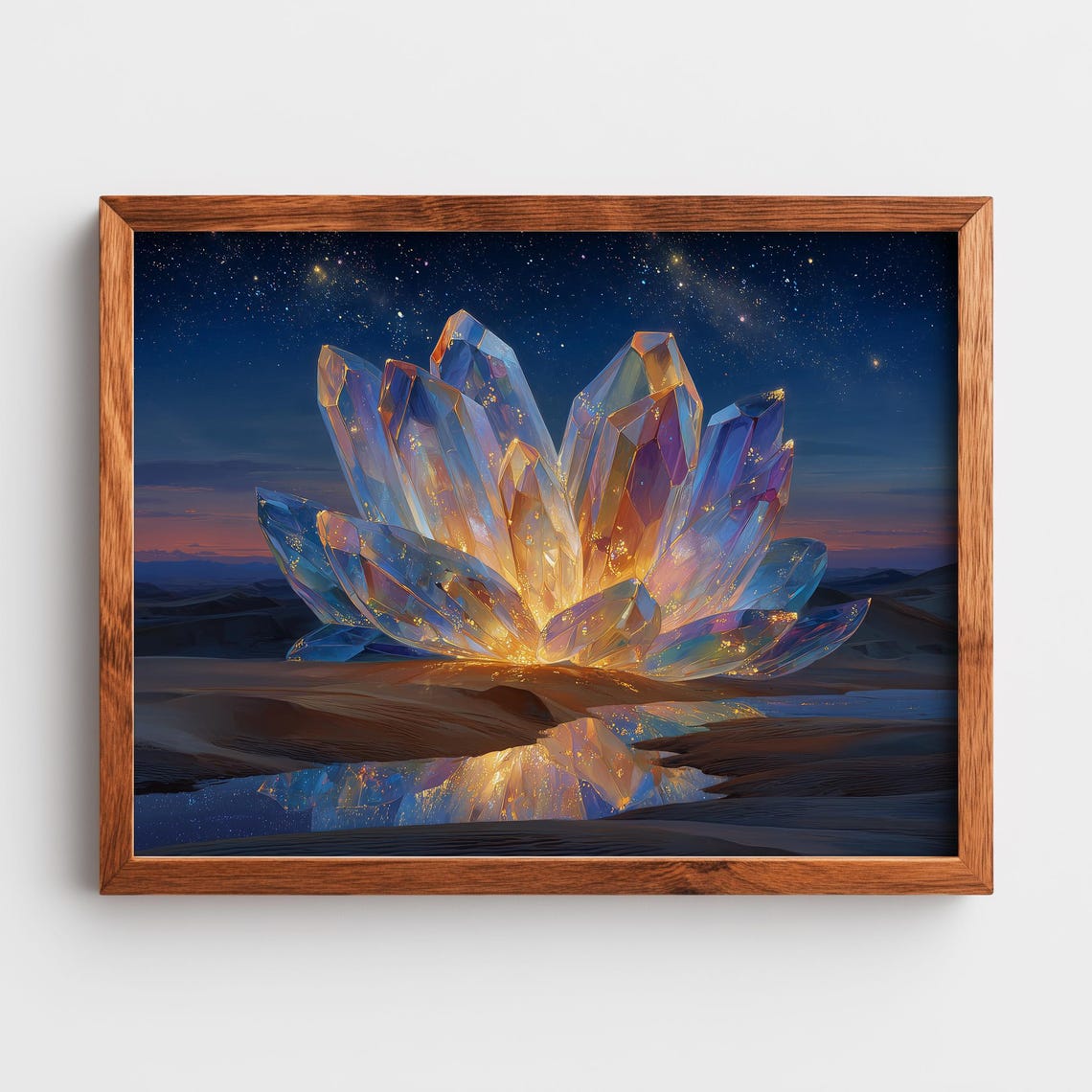 Crystal Lotus Bloom Poster Glowing Night Lake Starry Sky Magic Art