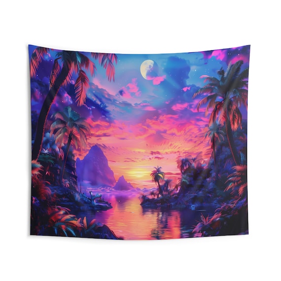 Neon Tropical Sunset Palm Beach Moon Ocean Dreamscape Wall Art