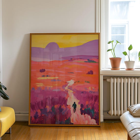 Abstract Landscape Poster Colorful Sunset Scene With Hiker Art Print Dreamy Adventure Drawing Illustration