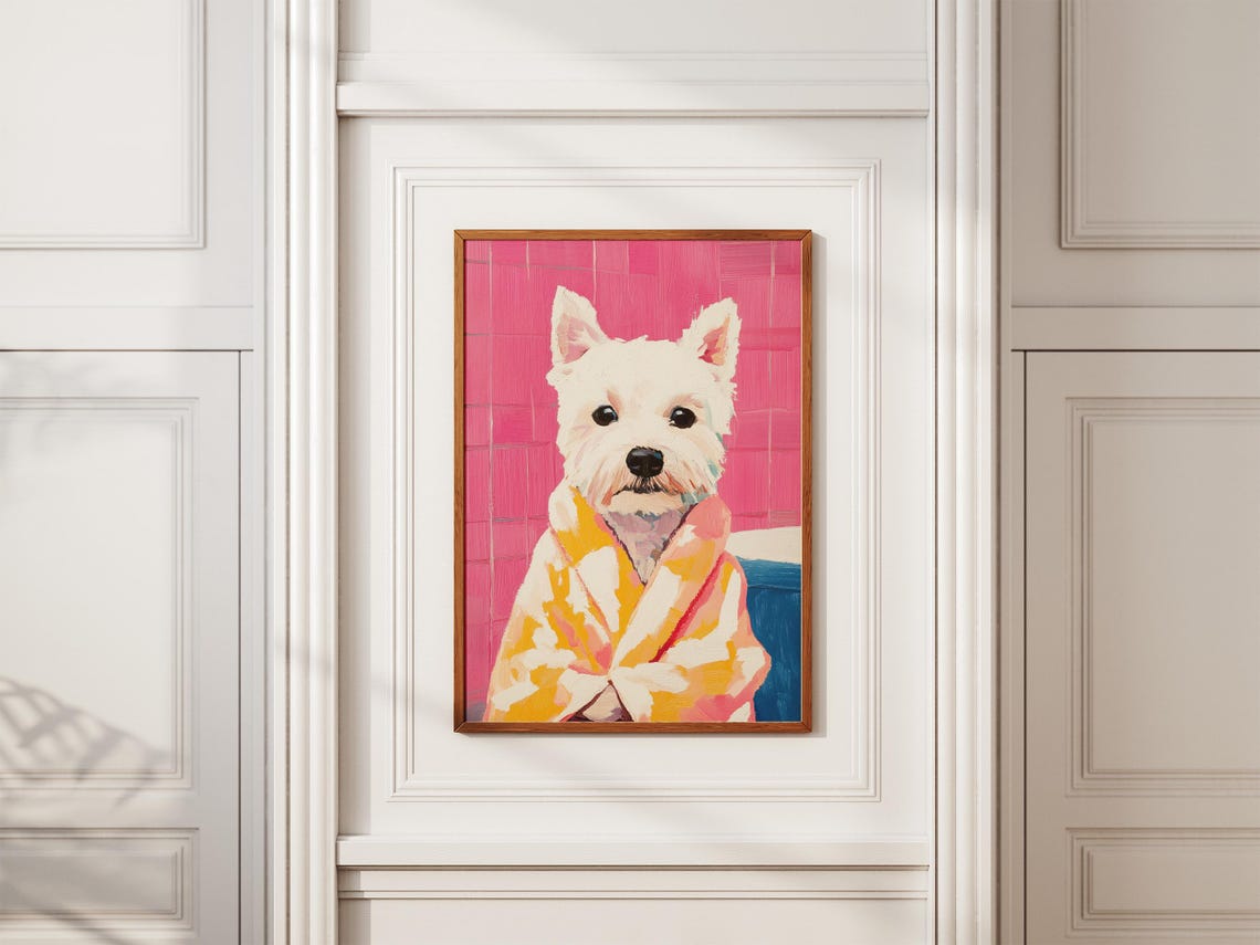 West Highland Terrier in Yellow Bathrobe Pink Bathroom Dog Poster - Image 2