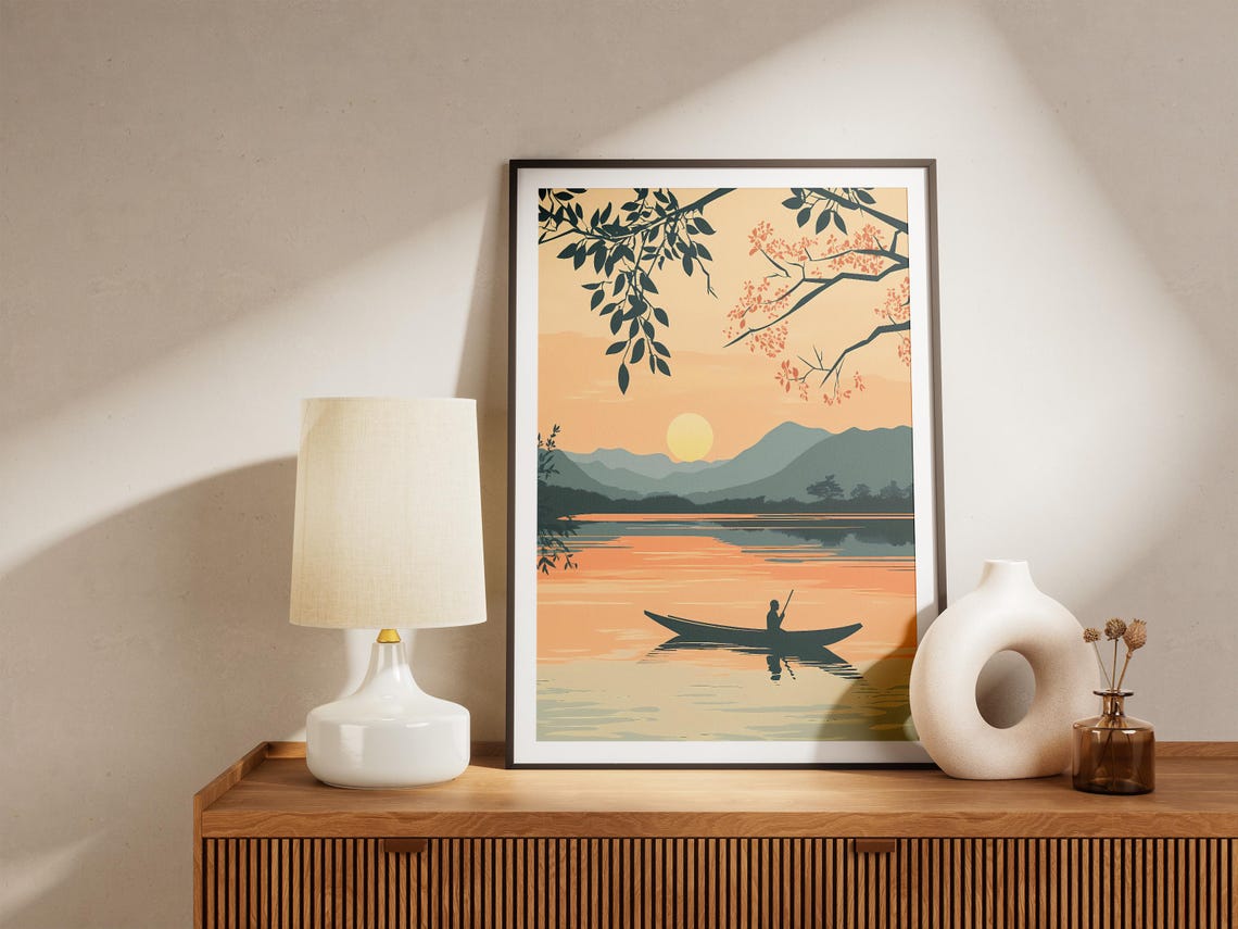 Inle Lake Myanmar Sunset Lone Fisherman Canoe Silhouette Poster - Image 5