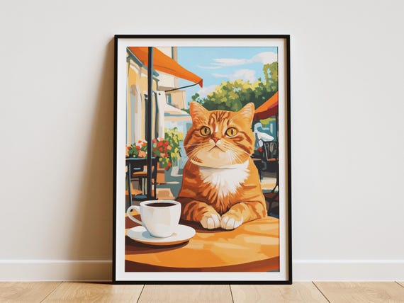 Scottish Fold Cat Art Print, Cozy Cafe Coffee Poster