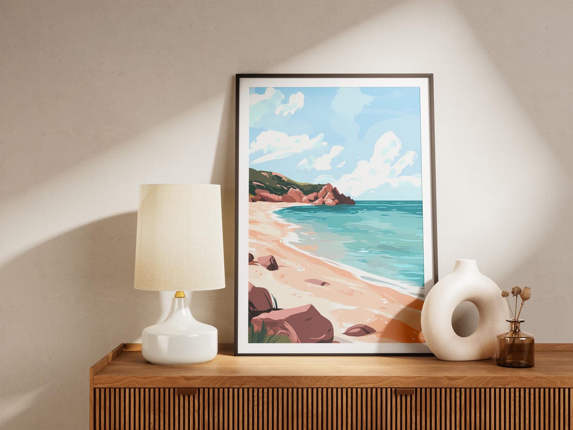 Sunny Beach Cove With Pink Rocks and Sparkling Turquoise Sea Poster - Image 5