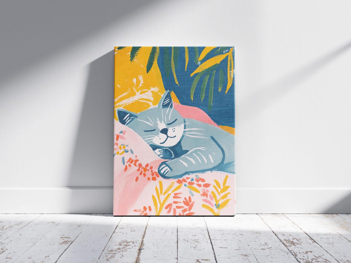 Grey Cat Sleeping in Colorful Floral Bedding Whimsical Art Poster - Image 2