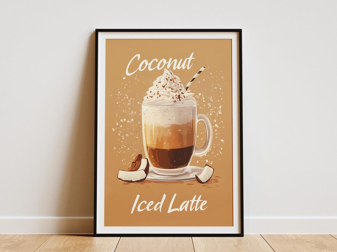 Coconut Iced Latte Tropical Summer Drink Retro Cafe Menu Poster