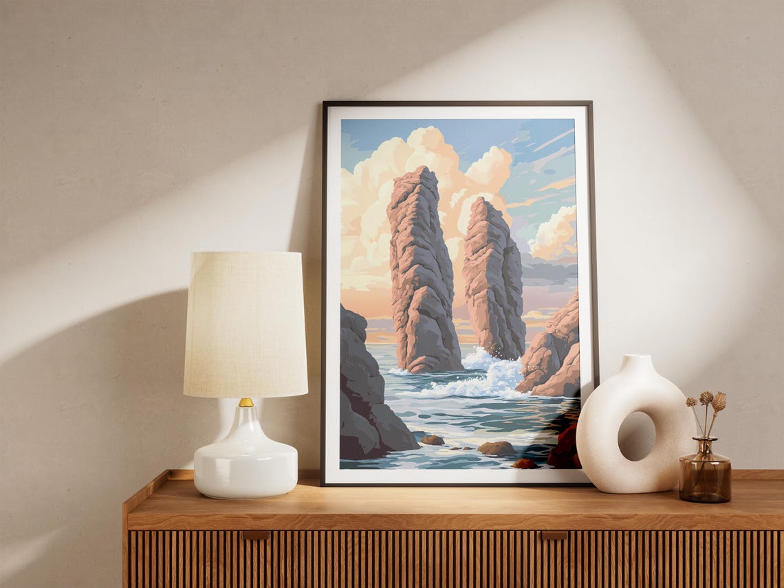 Twin Ocean Rock Pillars Rising from the Surf at Golden Hour Poster - Image 5