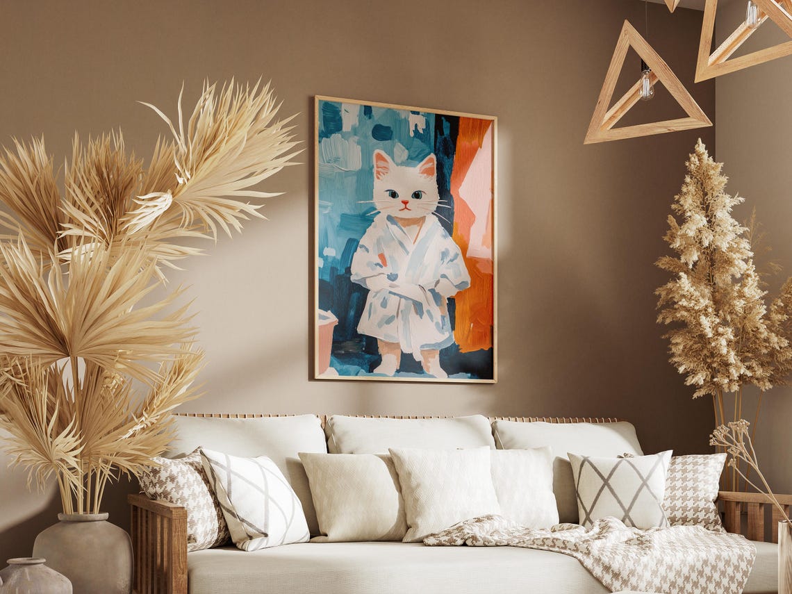 White Kitten White Bathrobe Painterly Blue Abstract Art Poster - Image 3