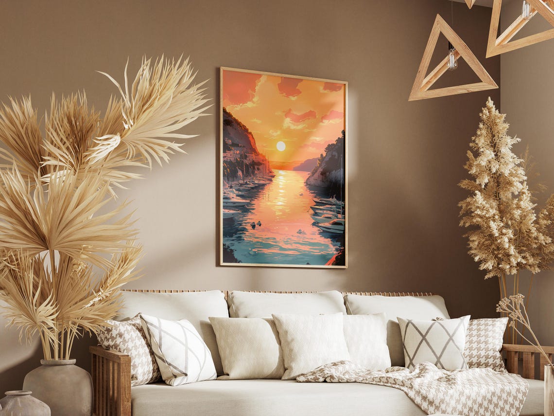 Sunset Harbor With Yachts Between Rocky Cliffs Orange Sky Poster - Image 3