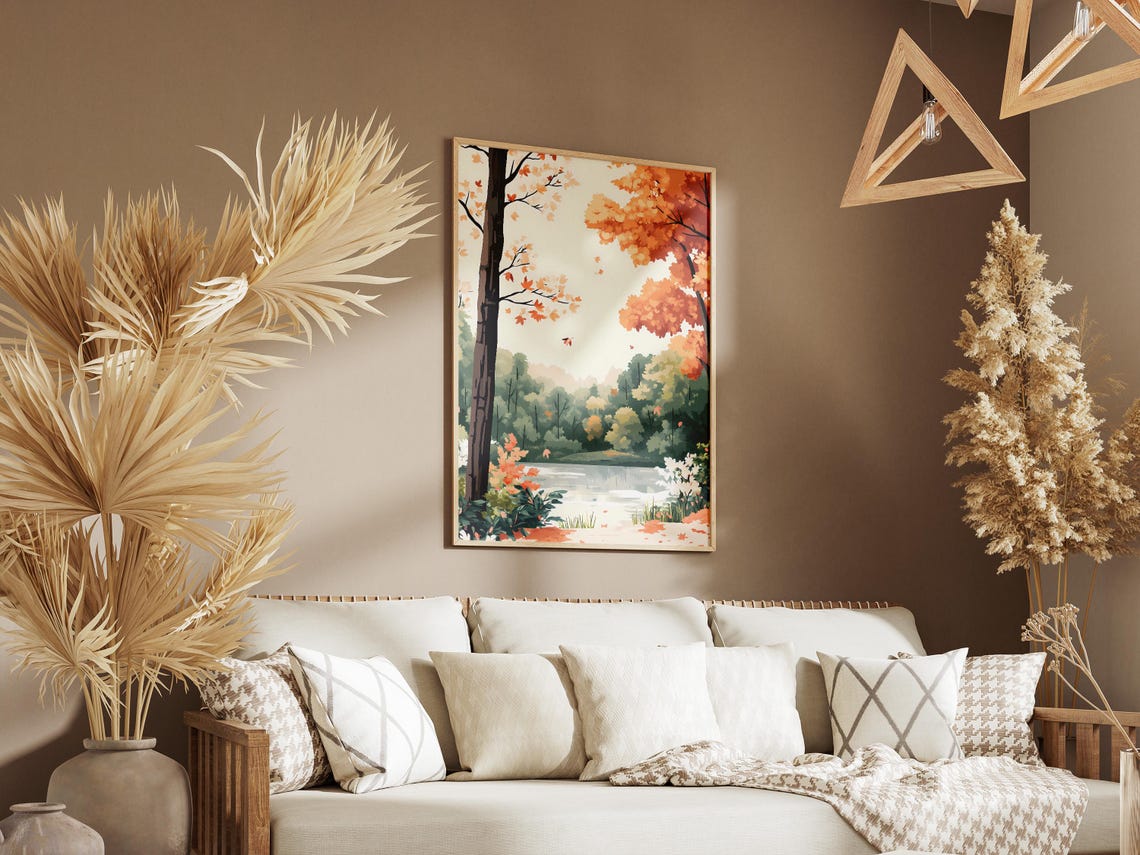 Autumn Lake With Orange Maples And Drifting Falling Leaves Poster - Image 3