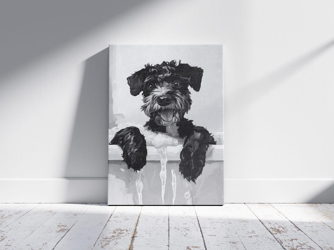 Scruffy Black Terrier In A Bubble Bath Black And White Poster - Image 2