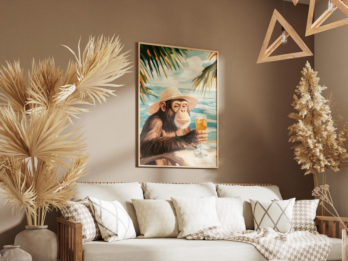 Chimpanzee in a Sun Hat Sipping a Tropical Beach Cocktail Poster - Image 3