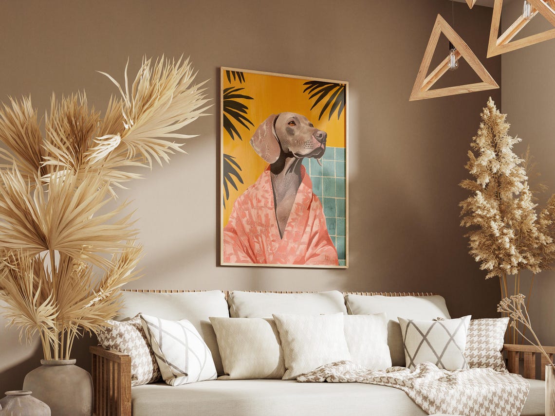 Weimaraner Dog in Coral Bathrobe Tropical Palm Bathroom Poster - Image 3