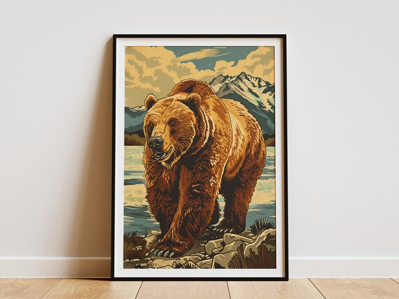 Katmai National Park Vintage Travel Poster Brown Bear Alaska Wildlife