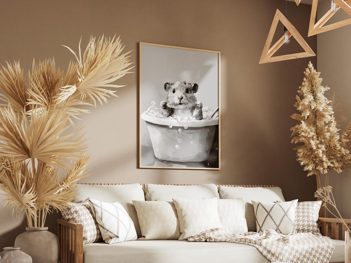 Hamster In A Bubble Bath Black And White Cute Bathroom Poster - Image 3