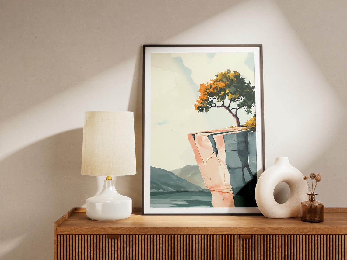 Lone Tree On Rocky Cliff Edge Above Mountain Lake Illustration Poster - Image 5