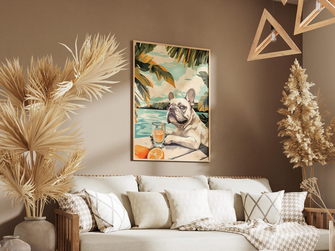 French Bulldog Relaxing With Citrus Drink By The Sea Shore Poster - Image 3