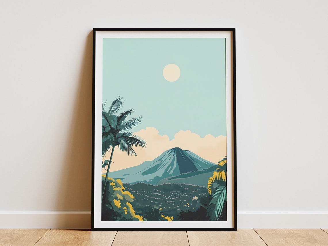 Tropical Island Volcano With Palm Trees Minimalist Art Poster