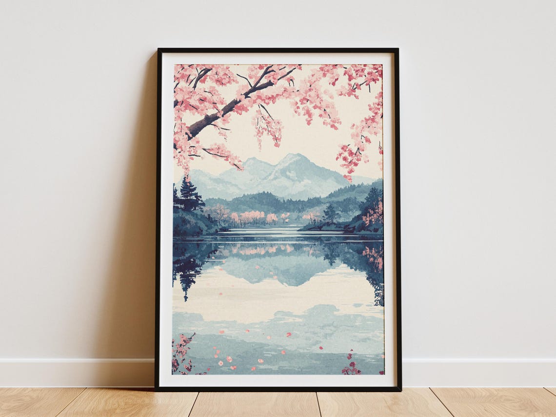 Cherry Blossom Branches Over Mountain Lake Reflection Art Poster