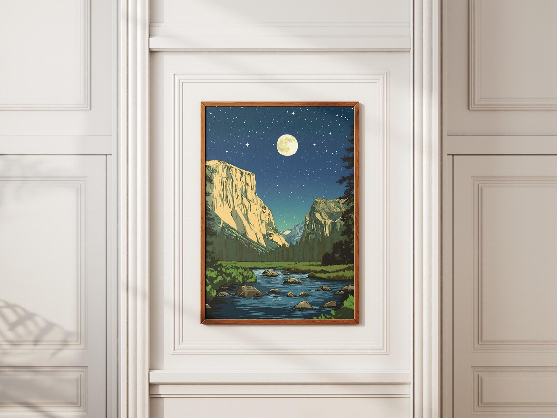 Yosemite National Park Moonlit El Capitan River Meadow Night Art Poster - Image 2