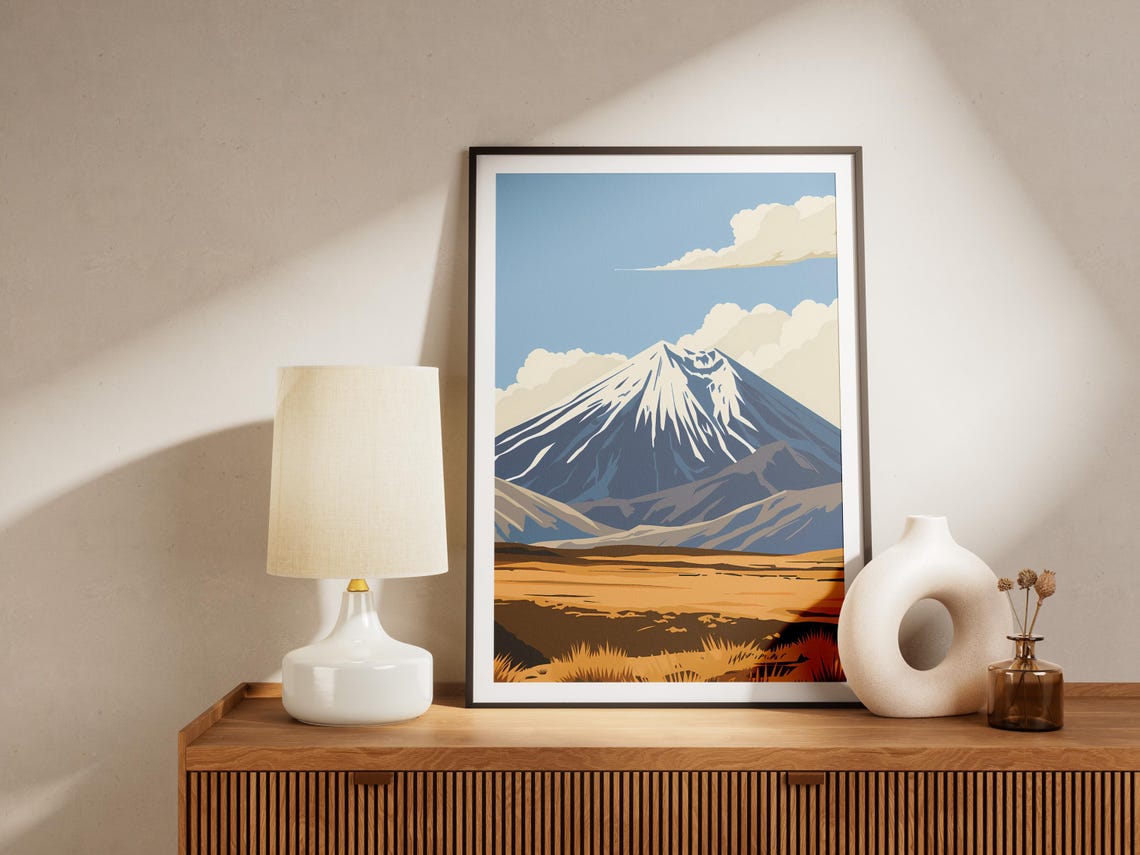 New Zealand Snow Capped Volcano Peak Mountain Landscape Poster - Image 2