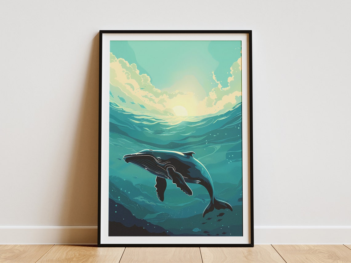 Humpback Whale Ocean Depths Teal Underwater Wildlife Art Poster
