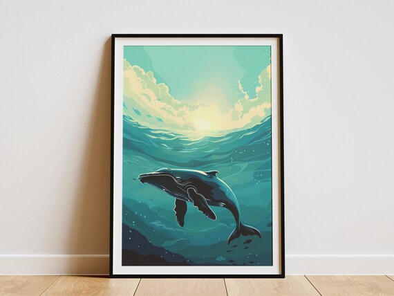Ocean Whale Poster Minimalist Wall Art Underwater Sea Life Print Modern Home Decor Blue Green