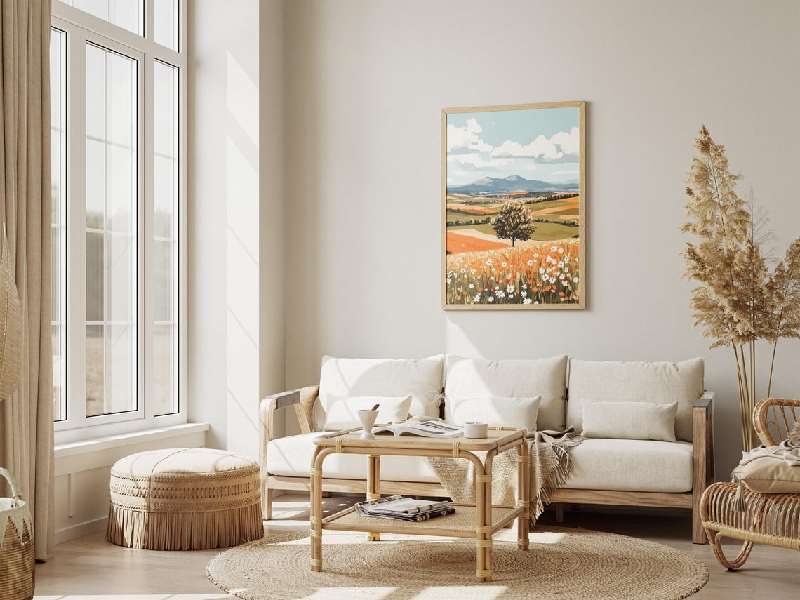 Wildflower Meadow with Tree and Distant Mountains Nature Poster - Image 4