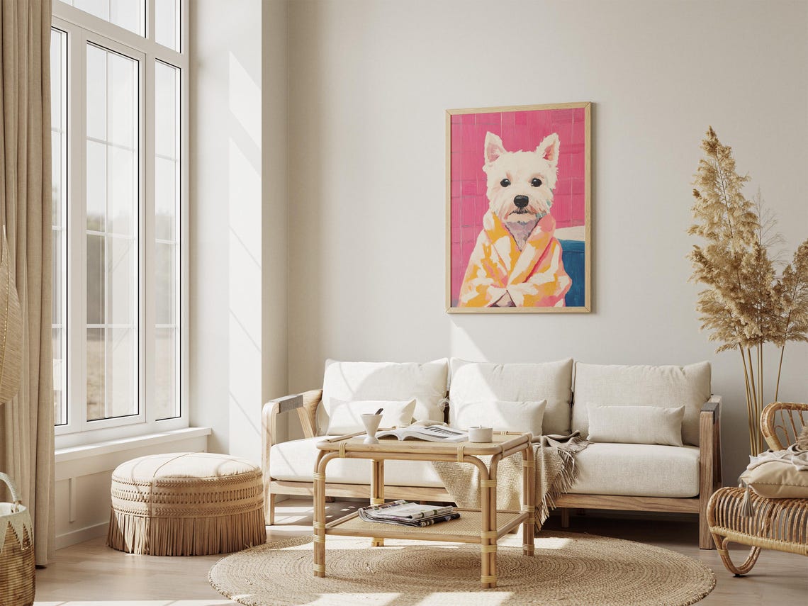 West Highland Terrier in Yellow Bathrobe Pink Bathroom Dog Poster - Image 4