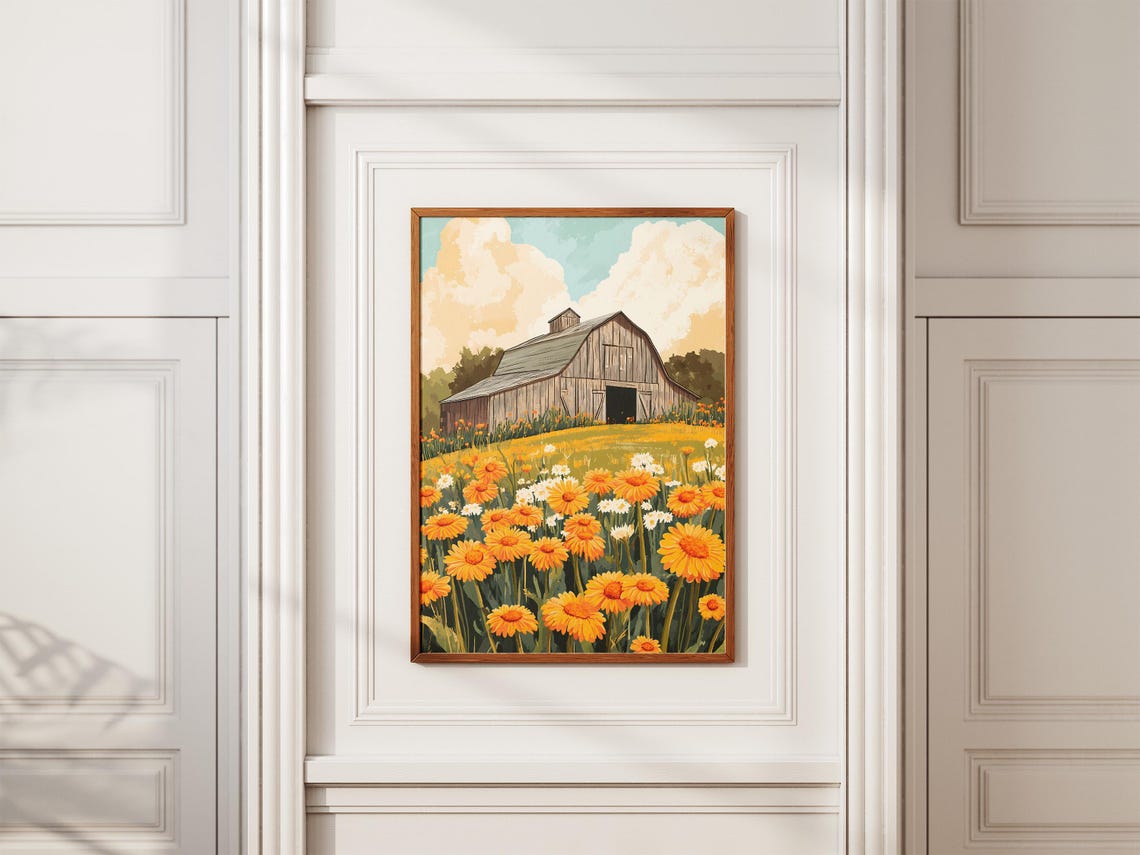 Rustic Barn Orange Marigold Daisy Field Summer Farm House Poster - Image 2