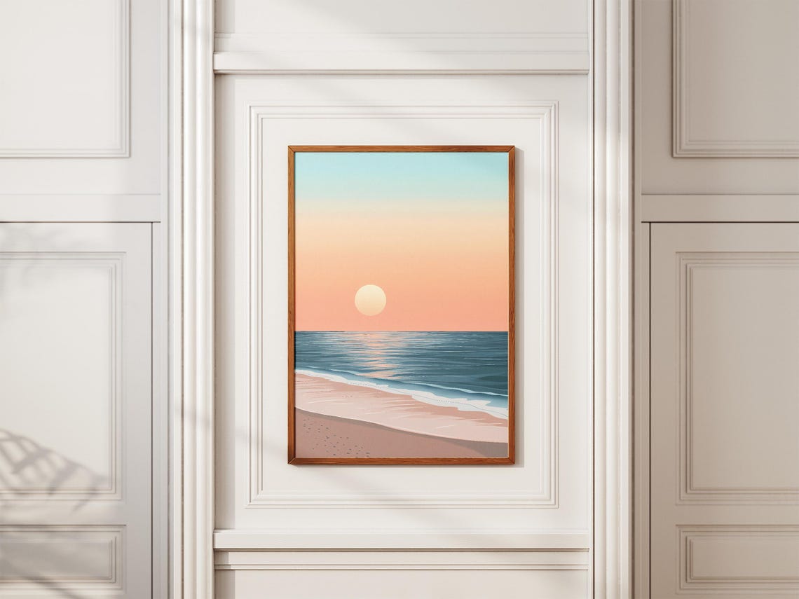 Pastel Peach Sunset Over a Calm Blue Ocean Beach Shoreline Poster - Image 2