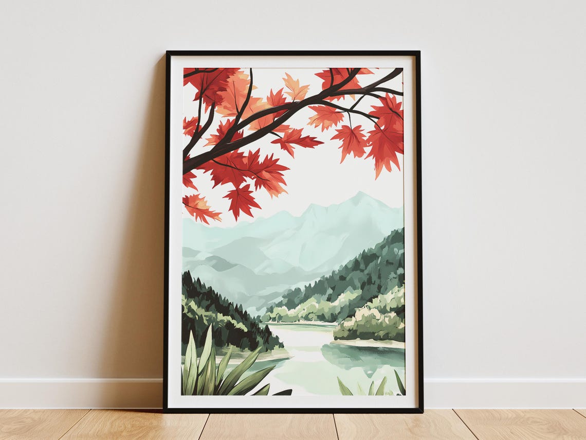 Fiery Red Maple Leaves Over a Misty Mountain Lake Autumn Poster