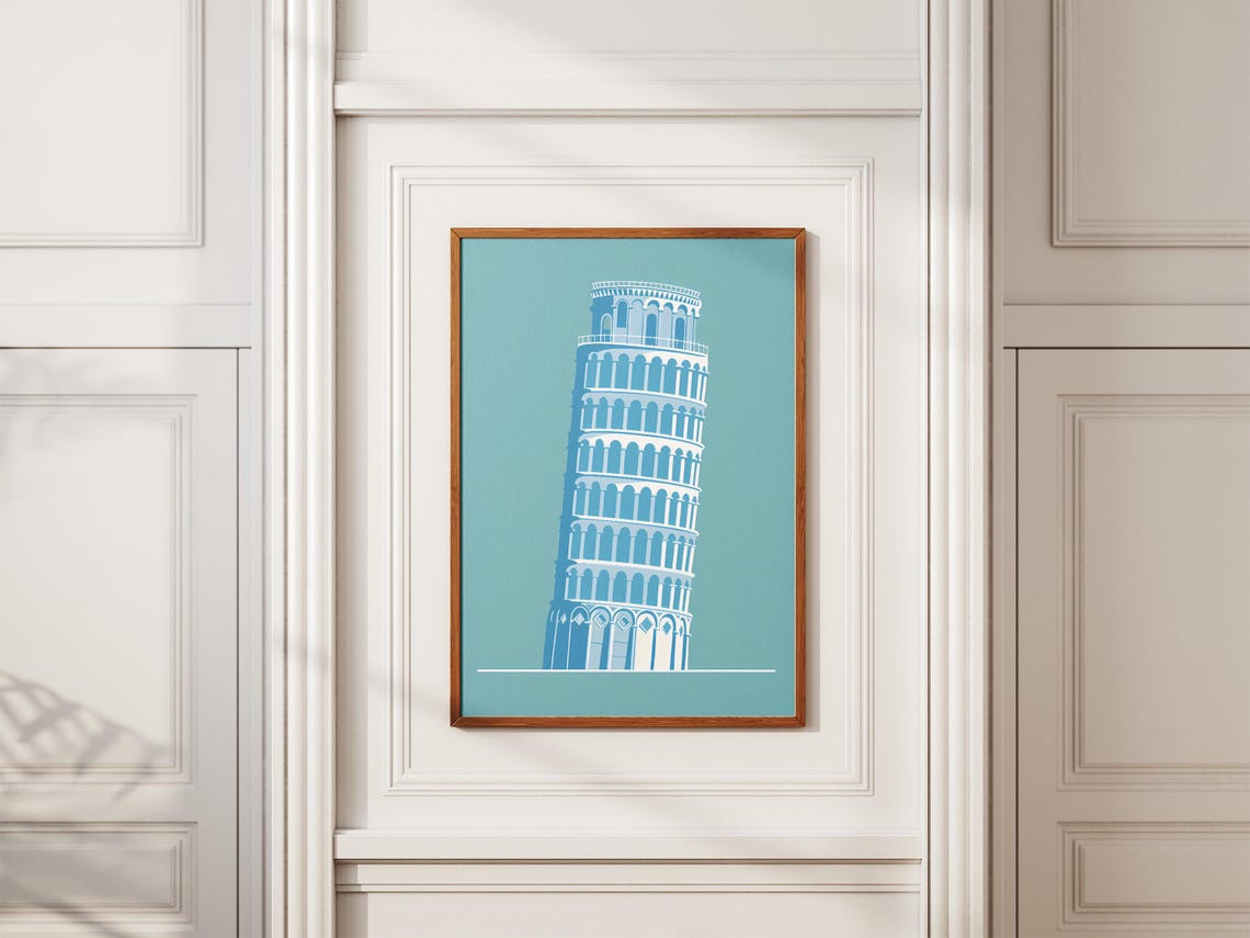 Leaning Tower Of Pisa Minimalist Teal Illustration Travel Poster - Image 2