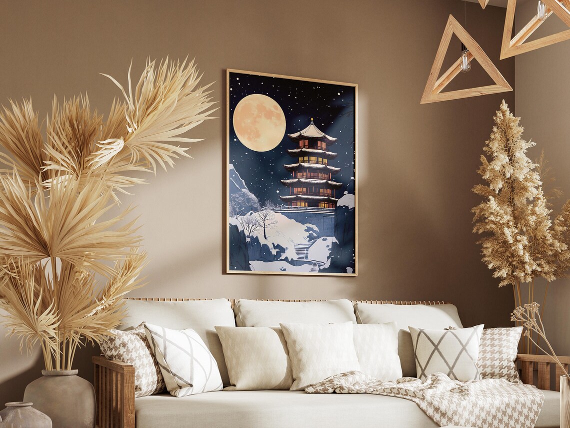 Snowy Pagoda Full Moon Starry Winter Night Illustration Poster - Image 3