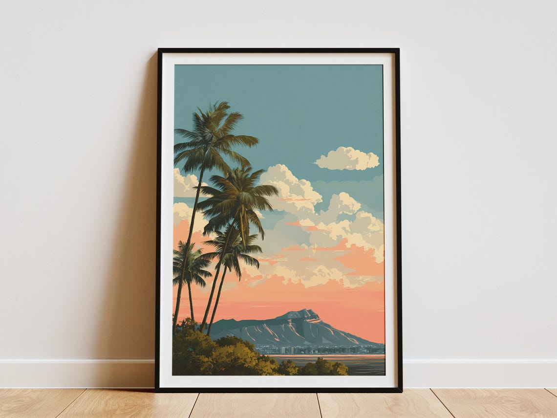 Diamond Head Crater Palm Trees Sunset Hawaii Vintage Travel Poster