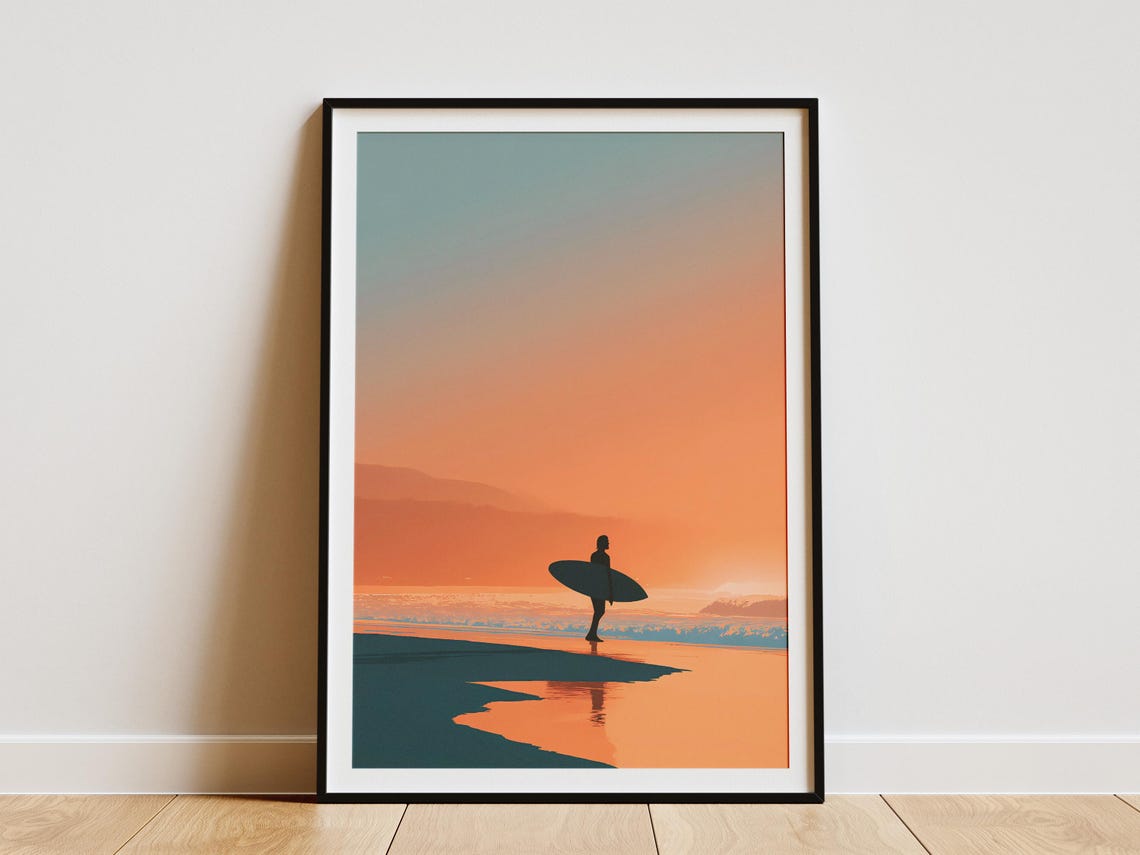 Surfer Silhouette Walking At Sunset On A Peaceful Beach Poster