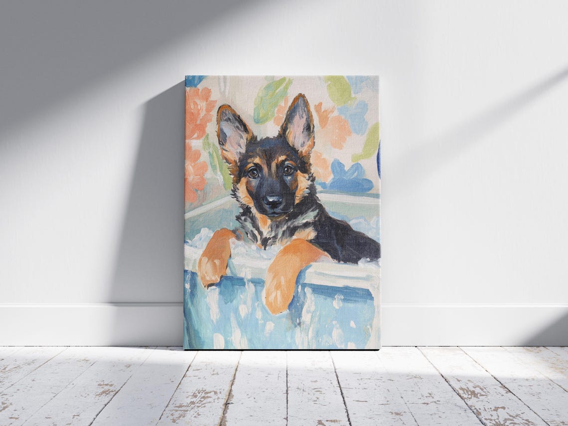 German Shepherd Puppy Bubble Bath Floral Painterly Art Poster - Image 2