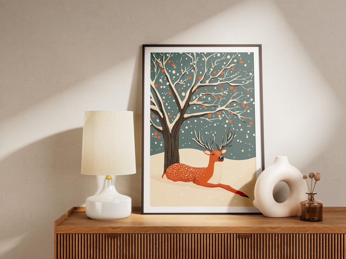 Resting Spotted Deer Under Snowy Tree Berries Winter Night Poster - Image 5