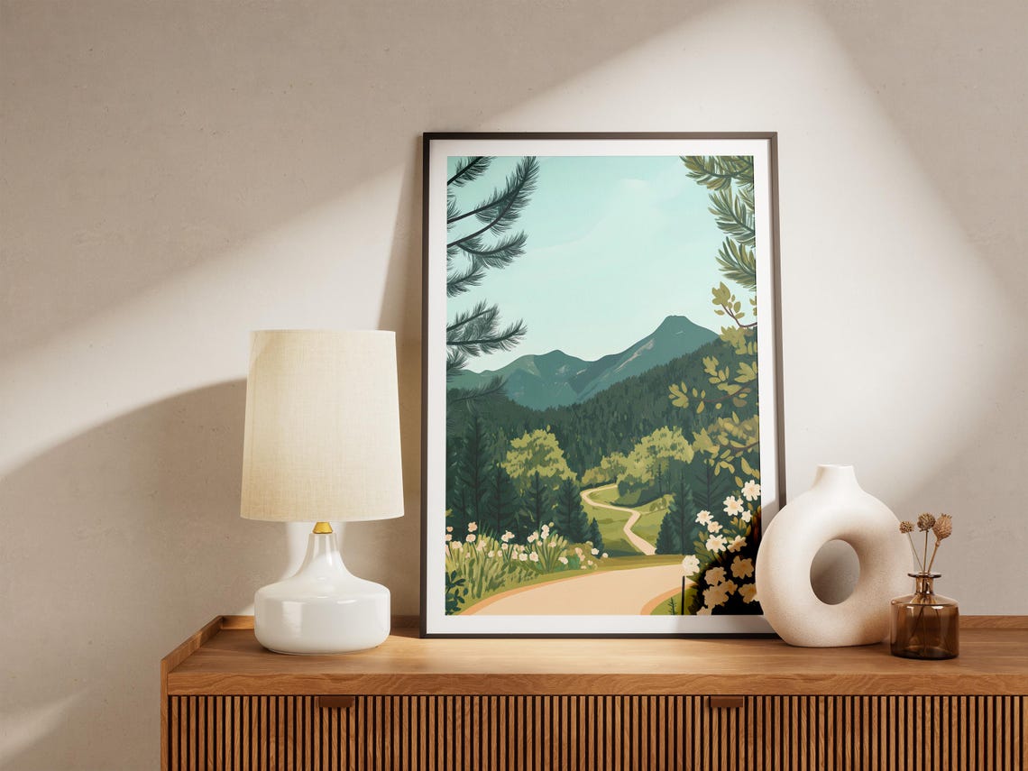 Winding Forest Road Valley Wildflowers Daytime Landscape Poster - Image 5