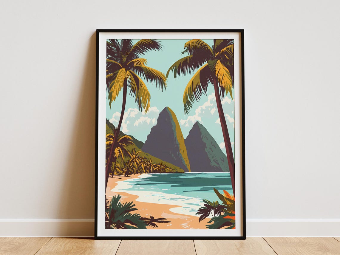 Saint Lucia Twin Pitons Peak Sunny Beach Paradise Travel Poster
