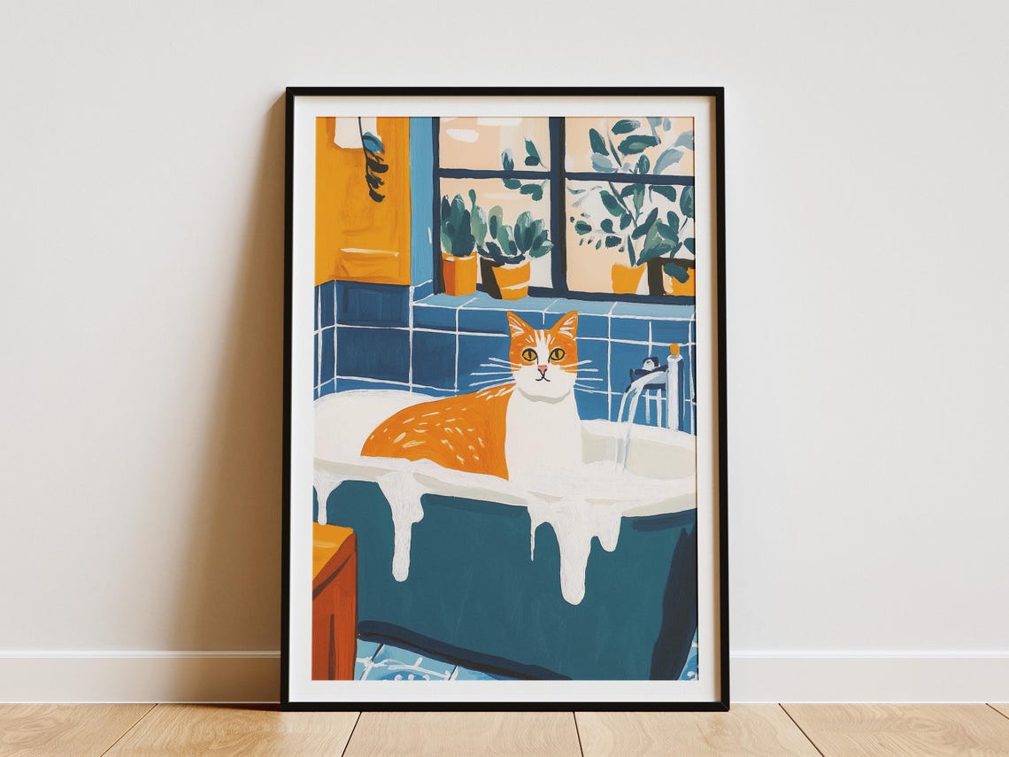 Orange Cat in Bubble Bath Blue Bathroom Funny Cat Portrait Poster