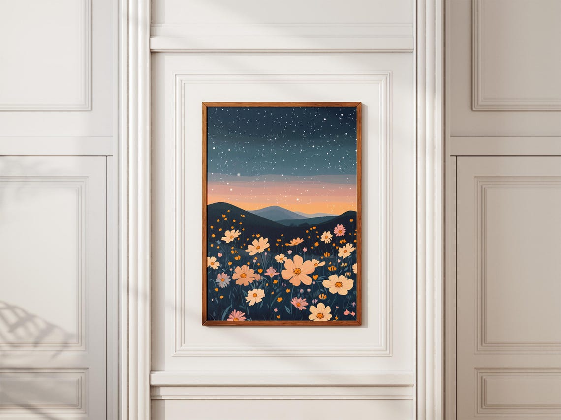 Cosmos Flower Field Under Starry Night Sky Dreamy Art Poster - Image 2