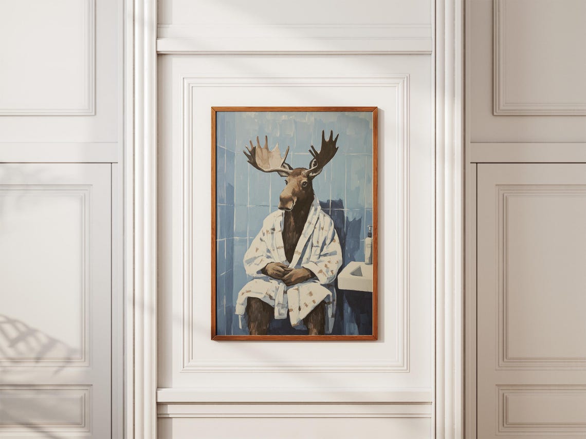Moody Moose In White Bathrobe Blue Tile Bathroom Animal Poster - Image 2