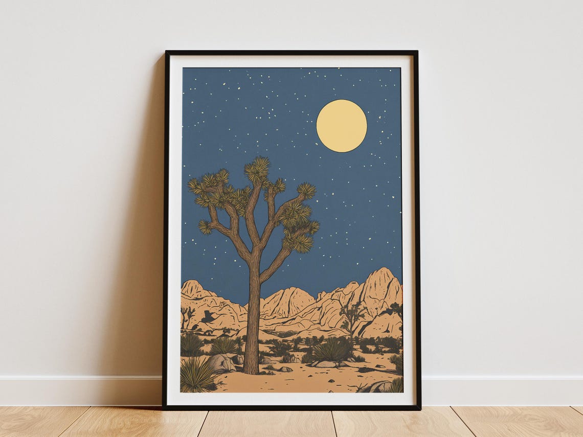Joshua Tree National Park Moon Over Desert With Joshua Tree Poster