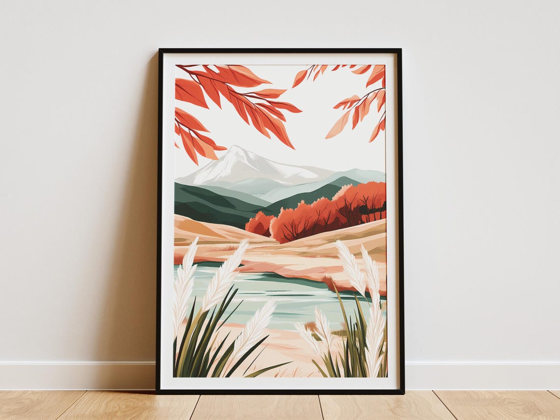 Snowy Peak Rising Over an Autumn Meadow With Pampas Grass Poster