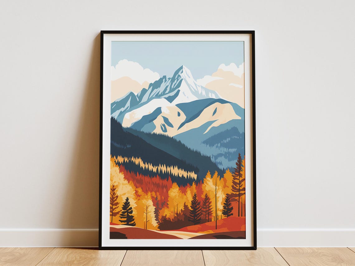 Autumn Mountain Landscape Snowy Peak Golden Fall Forest Poster