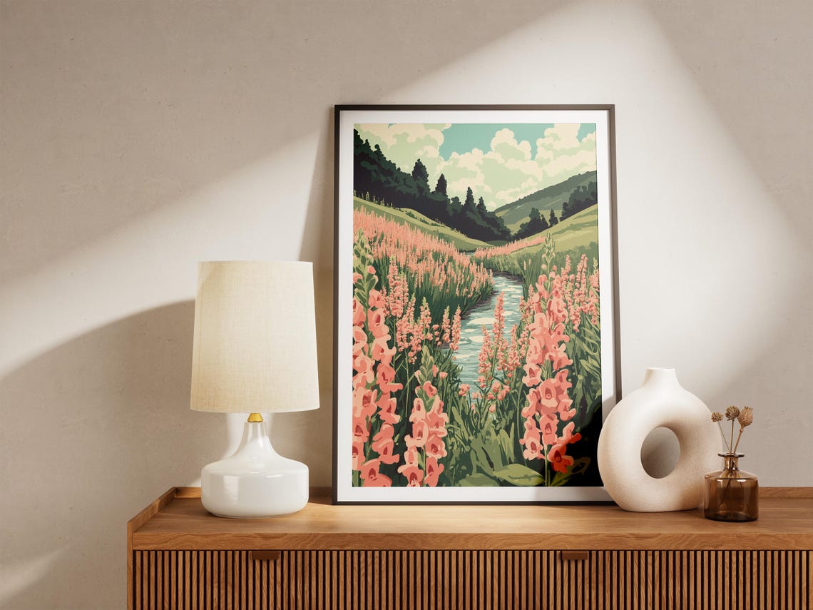 Pink Snapdragon Flowers Beside a Stream in Green Valley Art Poster - Image 5