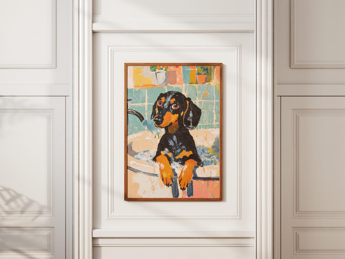 Dachshund in Bubble Bath Teal Bathroom Funny Dog Portrait Poster - Image 2