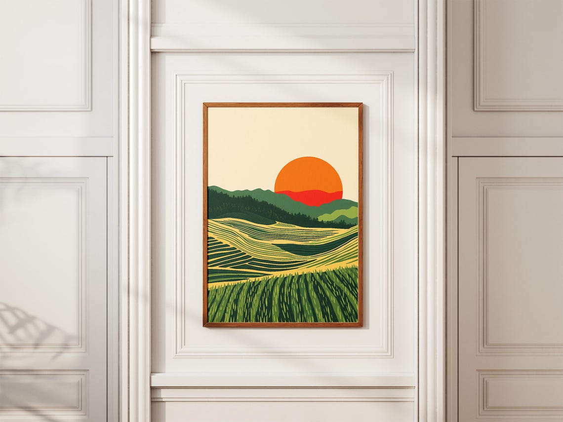 Sunrise Over Green Terraced Hills With Bold Orange Sun Poster - Image 2