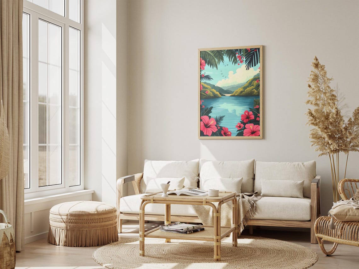 Hibiscus Lake Tropical Pink Flower Framed Lagoon View Poster - Image 4