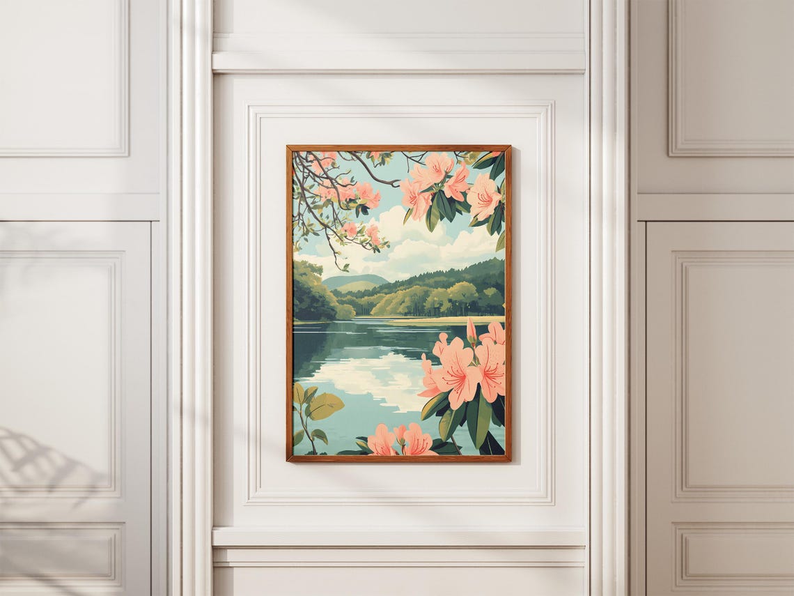 Pink Azalea Blossoms Framing a Lake View Poster With Calm Water - Image 2